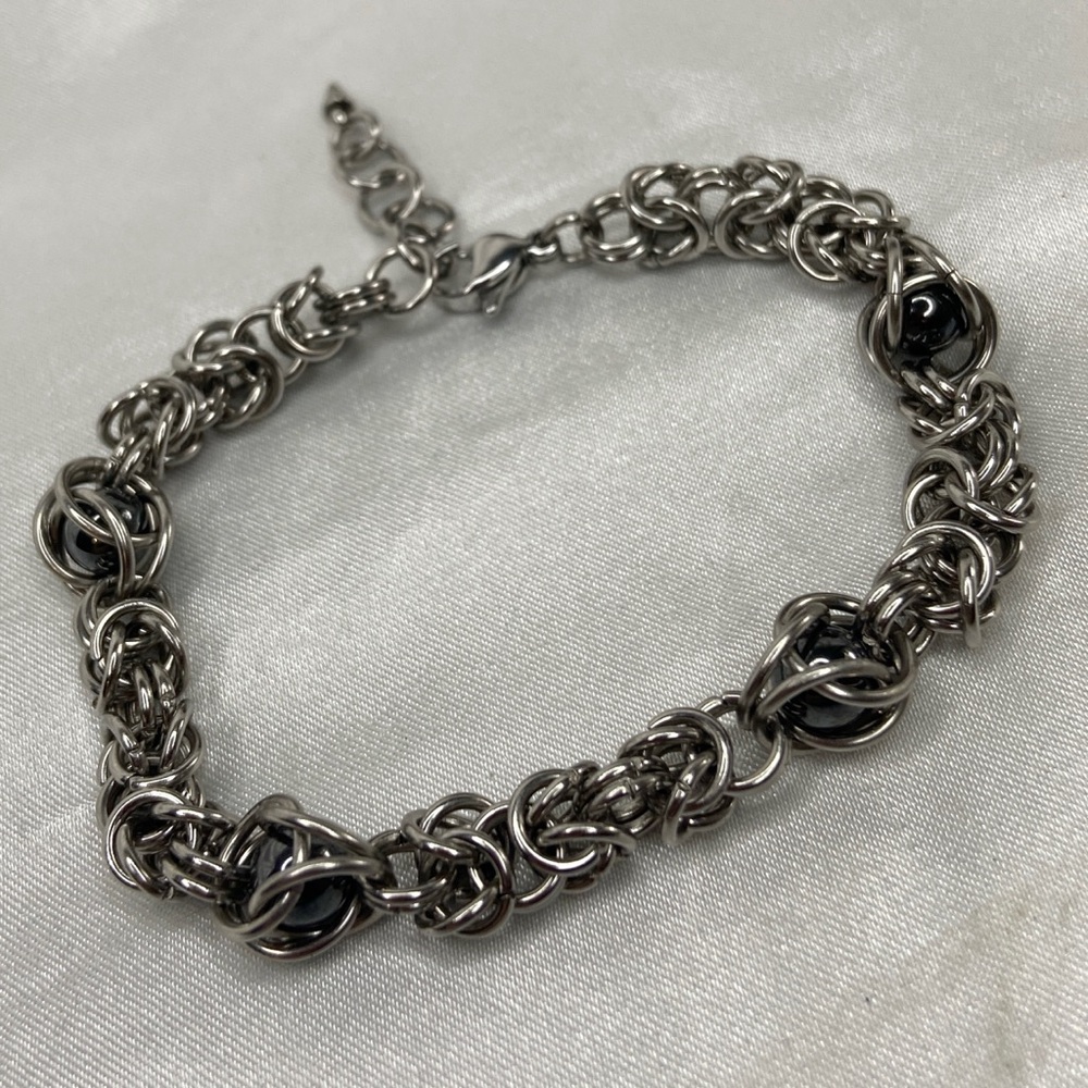 Hematite stone silver stainless steel chainmail handmade bracelet